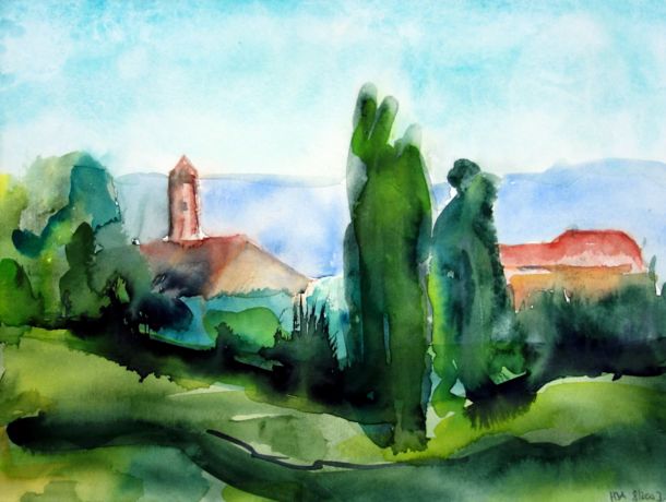 Landschaft mit Pappel - Aquarell auf Leinwand, gerahmt