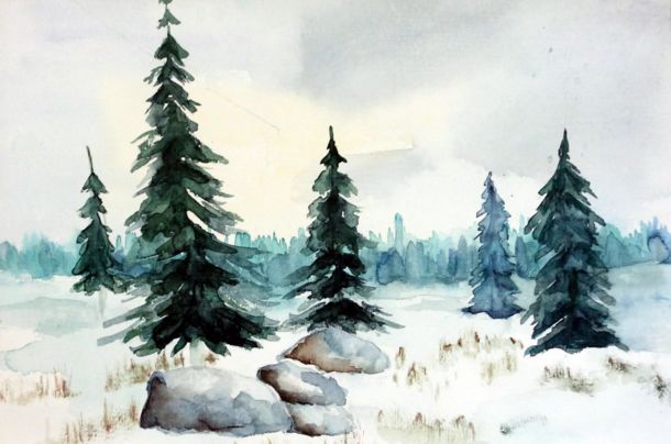 Winter - Aquarell auf Leinwand, gerahmt