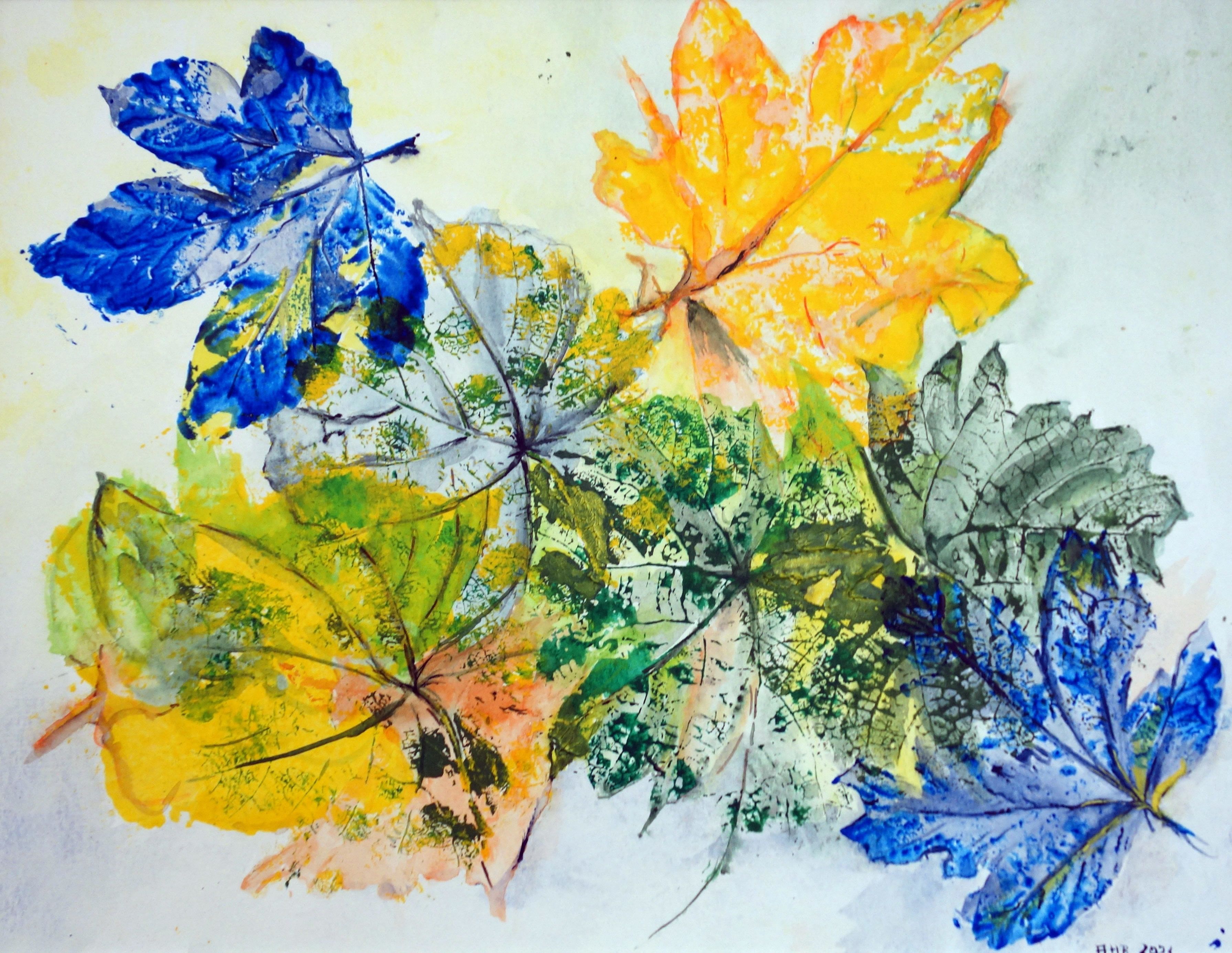 Herbstblätter - Aquarell auf Leinwand, gerahmt